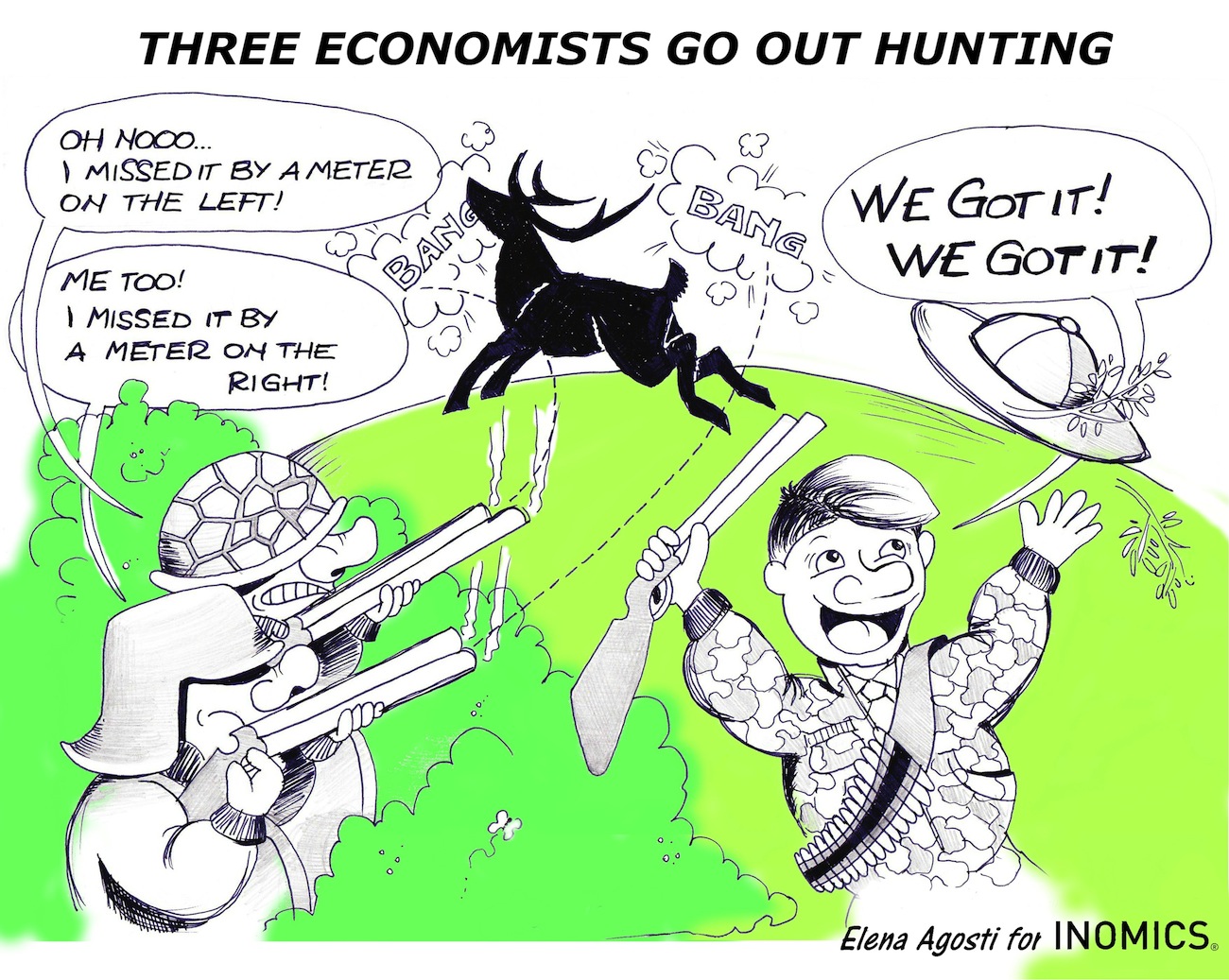 Three Economists go out hunting - economics joke - economics cartoon